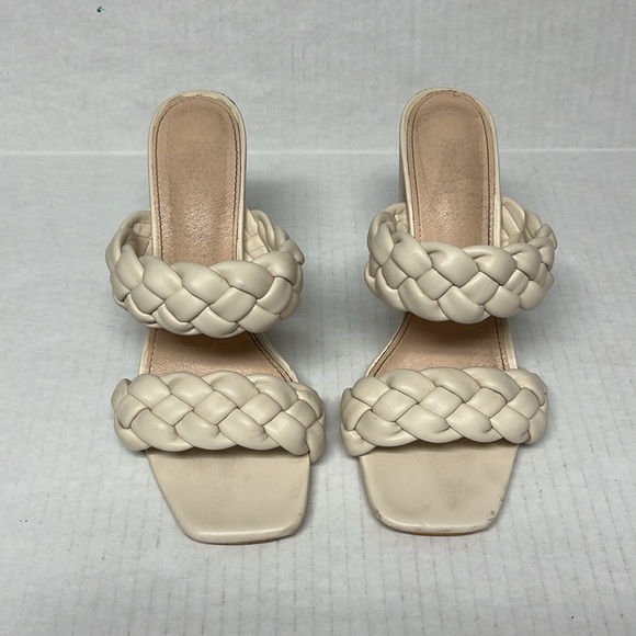 summer Shoes - Braided Double Strap Block Heel Sandals – Cream Faux Leather Square Toe Size 7.5